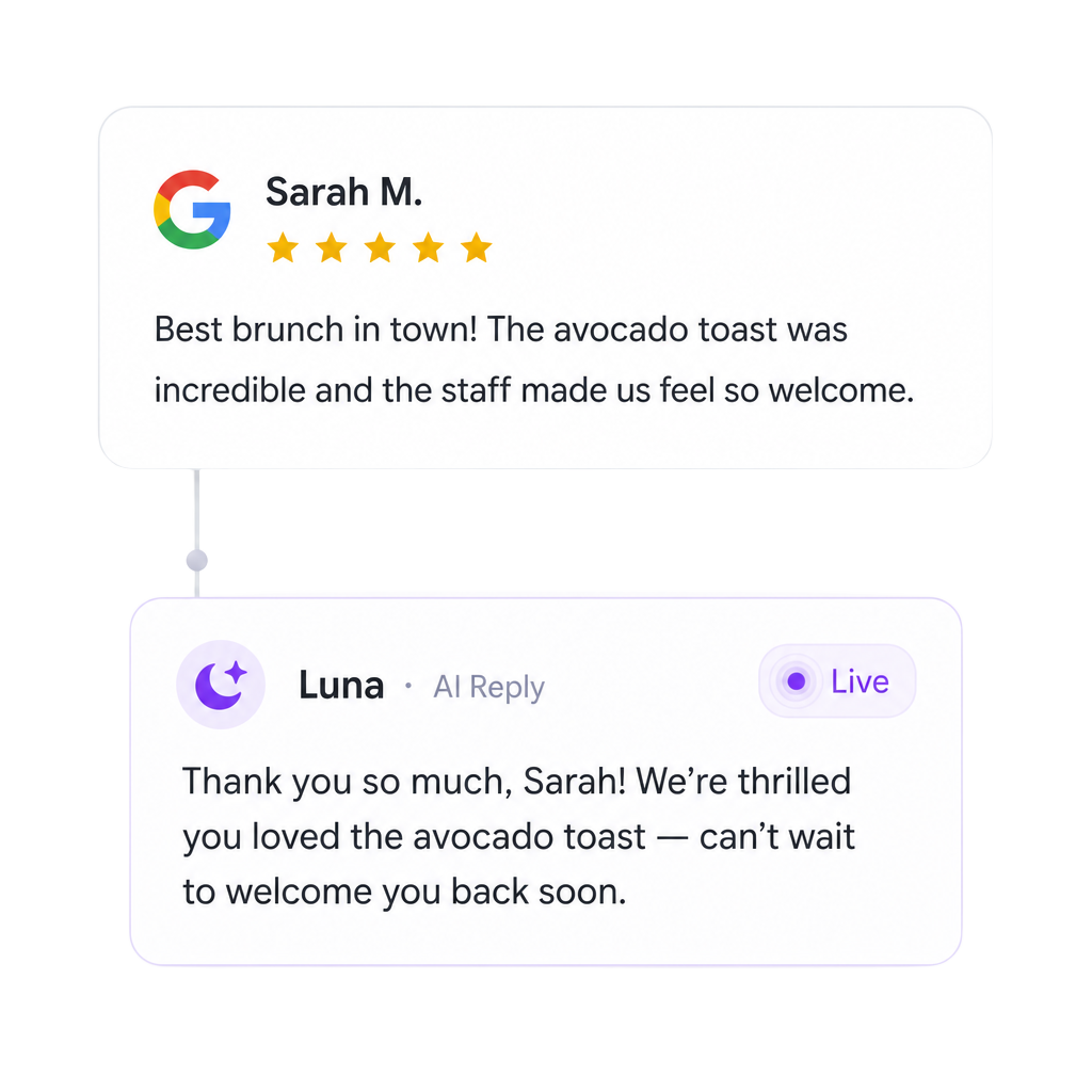 Luna AI replying live to a 5-star Google review